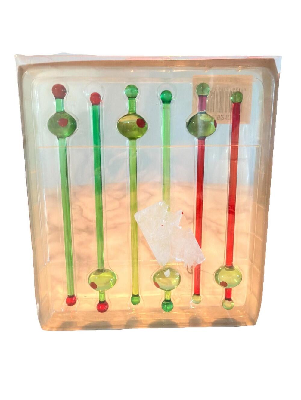 Department 56 Olive Swizzle Sticks Glass 6 Vintage NEW Martini Cocktail Stirs